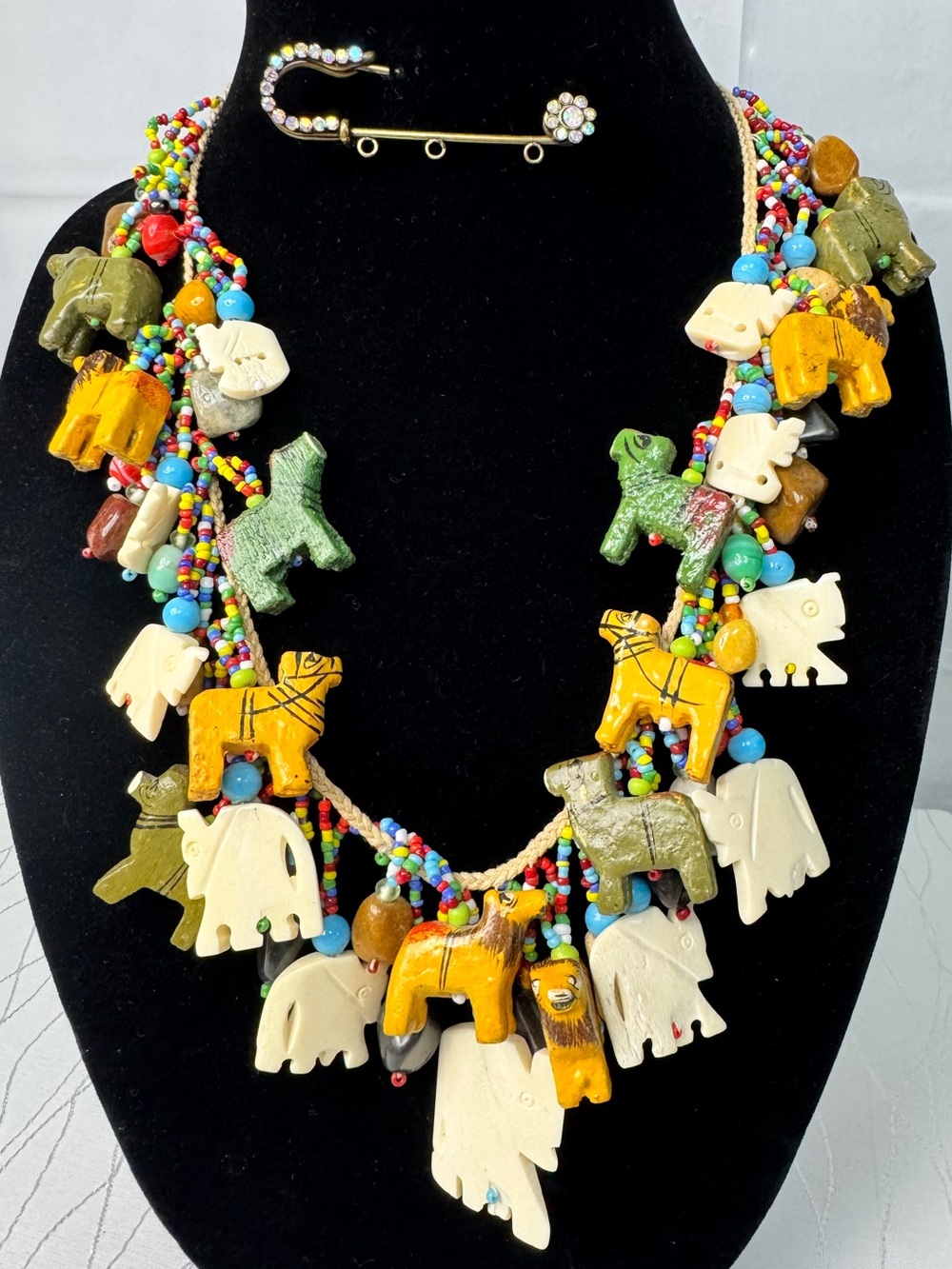 Vintage Hand-Carved Stone & Wood Animal Fetish Necklace Native Style 24”